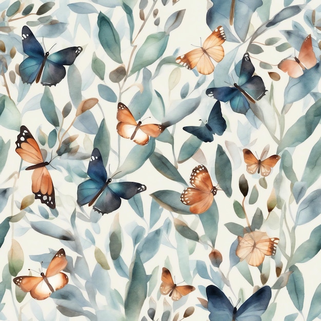 A watercolor pattern of butterflies and leaves.