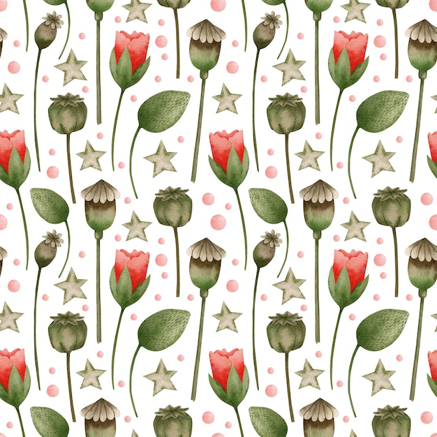 A watercolor pattern of flowers and stars with a pink rose.