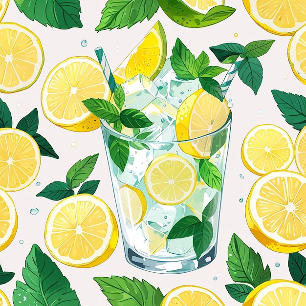 Watercolor Pattern of Lemonade Elements with Ice Lemon Mint and Lemonade Glass Centerpiece