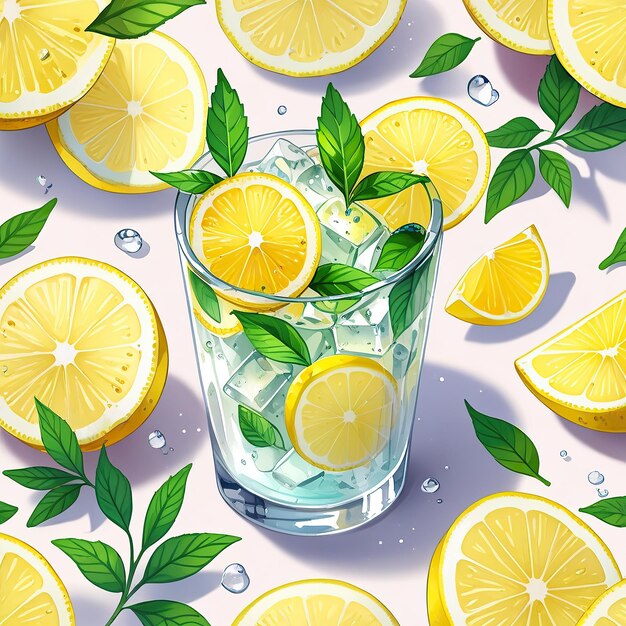 Watercolor Pattern of Lemonade Elements with Ice Lemon Mint and Lemonade Glass Centerpiece