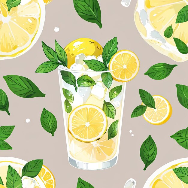 Photo watercolor pattern of lemonade elements with ice lemon mint and lemonade glass centerpiece