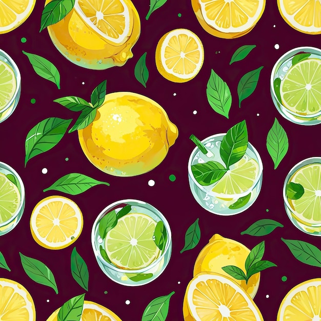 Watercolor Pattern of Lemonade Elements with Ice Lemon and Mint