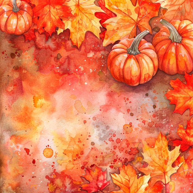 Watercolor pattern for Thanksgiving day with autumn leaves and pumpkins Autumn background