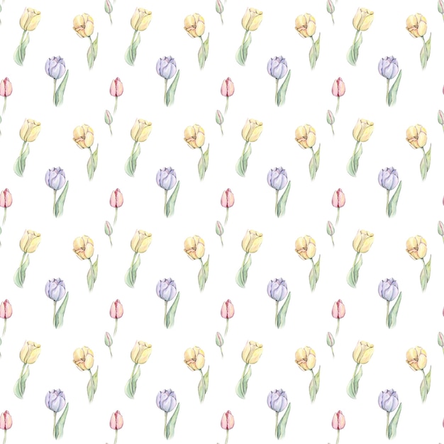 A watercolor pattern of tulips on a white background.