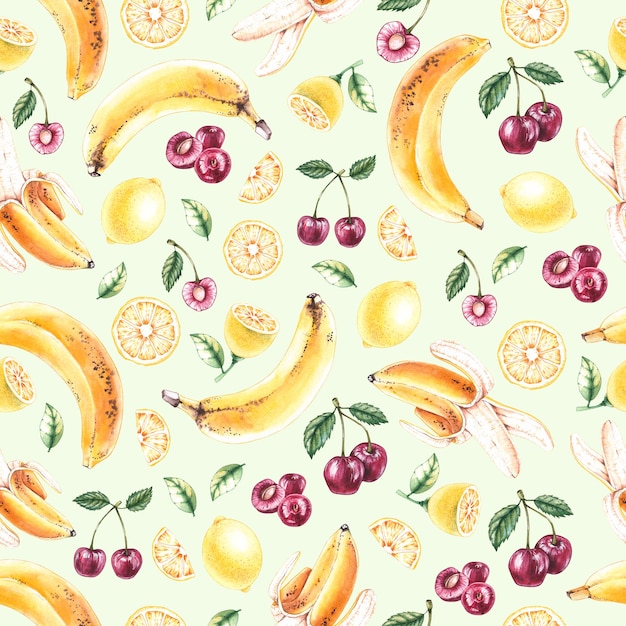 Watercolor pattern with bananas cherries lemons