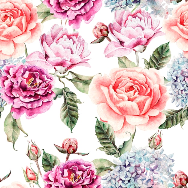 Watercolor pattern with flowers hydrangea peonies buds and petals