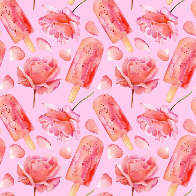 Watercolor pattern with flowers and ice cream. Rose buds with petals on a pink background