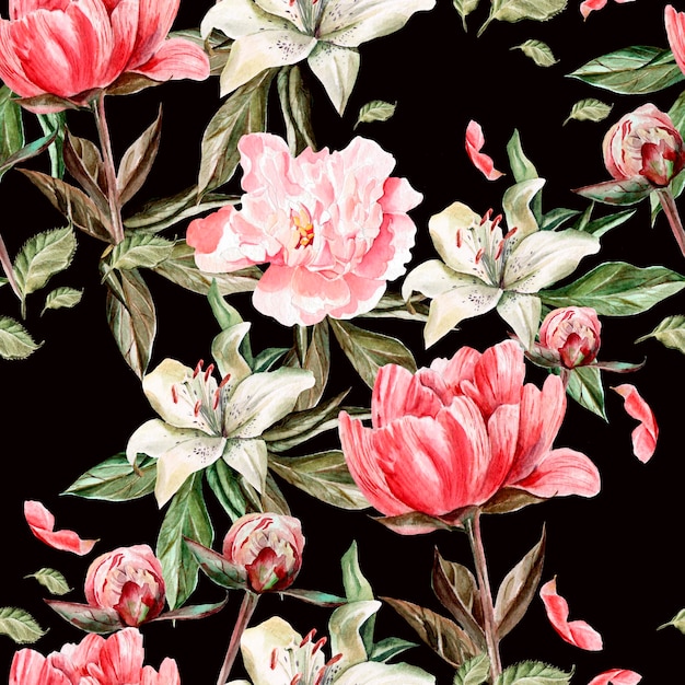 Watercolor pattern with flowers, peonies and lilies, buds and petals.  Illustration