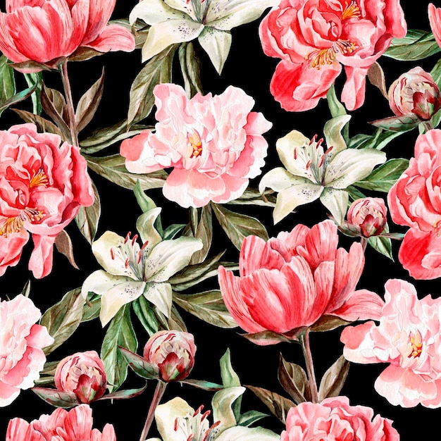 Watercolor pattern with flowers peonies and lilies buds and petals