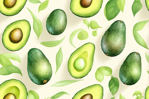 Watercolor pattern with fruits avocado and splashes of paint on white background