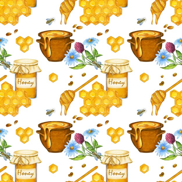 Watercolor pattern with a jar and a pot of honey honeycombs bees a spoon for honey and wildflowers