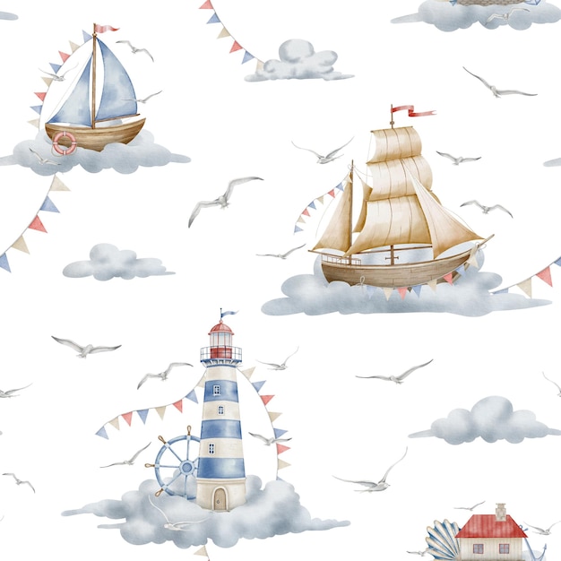 Watercolor Pattern with Lighthouse sailing ship garlands and clouds Seamless Background with Beacon and yacht in pastel colors for nursery wallpaper and childish textile design Backdrop for baby