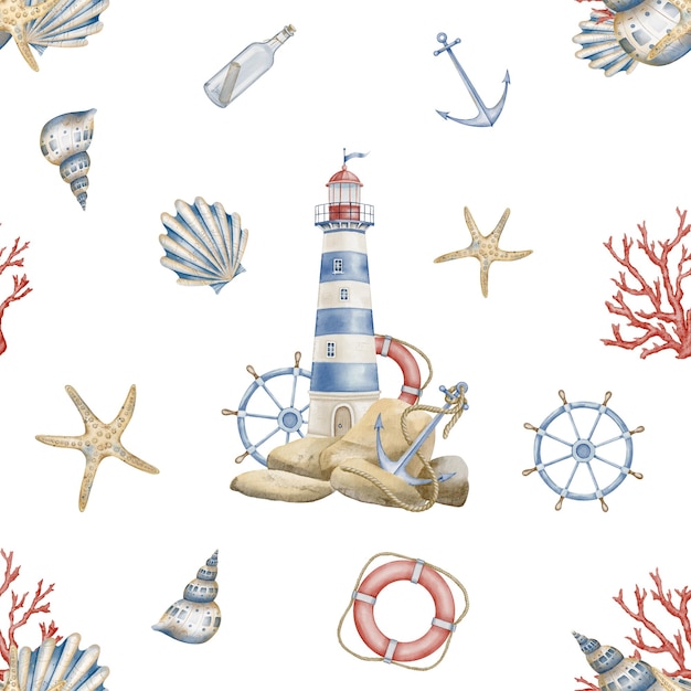 Watercolor Pattern with Lighthouse seashells and nautical elements Seamless Background with Beacon in pastel blue red and beige colors foe wrapping paper or textile design Sea backdrop for baby