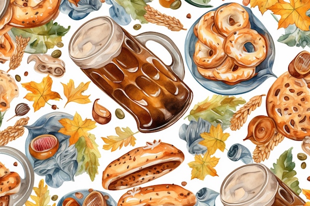 A watercolor pattern with a mug of beer and other food.