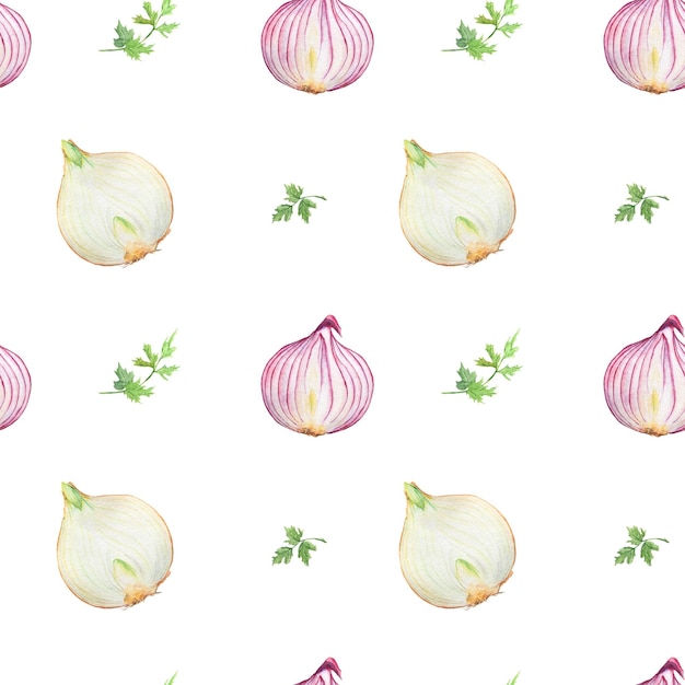 Watercolor pattern with onion and parsley on white background