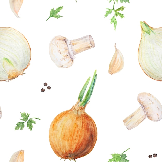 Watercolor pattern with onion pepper garlic and parsley on white background