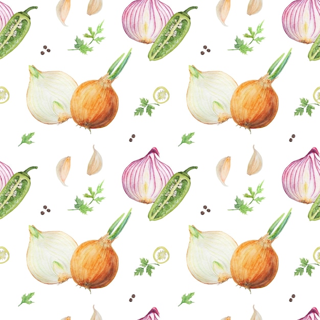 Watercolor pattern with onion pepper garlic and parsley on white background