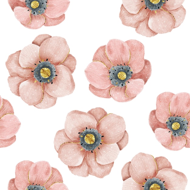 Watercolor pattern with pink anemone flowers