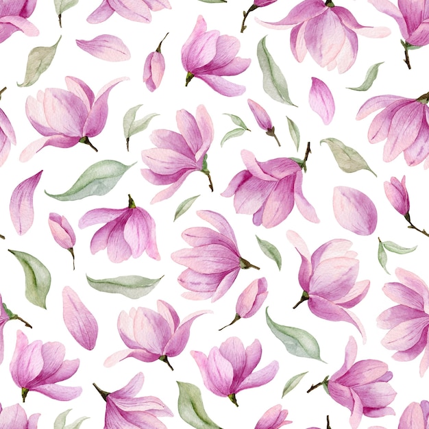 Watercolor pattern with pink magnolia and green leaves hand drawn seamless floral background