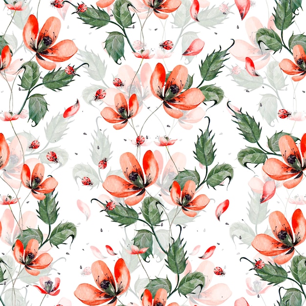 Watercolor pattern with poppy flowers