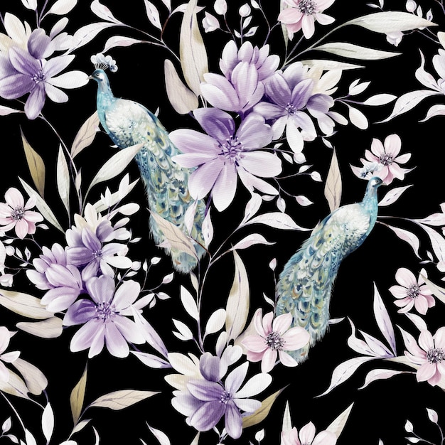 Watercolor pattern with the purple flowers and wild herbs peacock bird