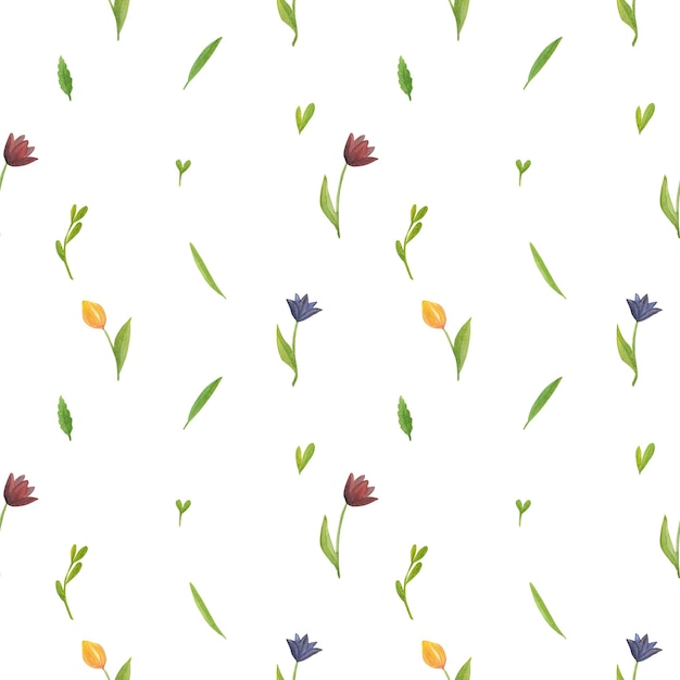 Watercolor pattern with tulips of different colors and green blades of grass on a white background