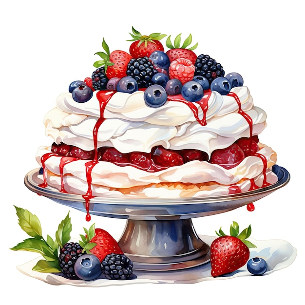 Watercolor pavlova cake illustration on white background