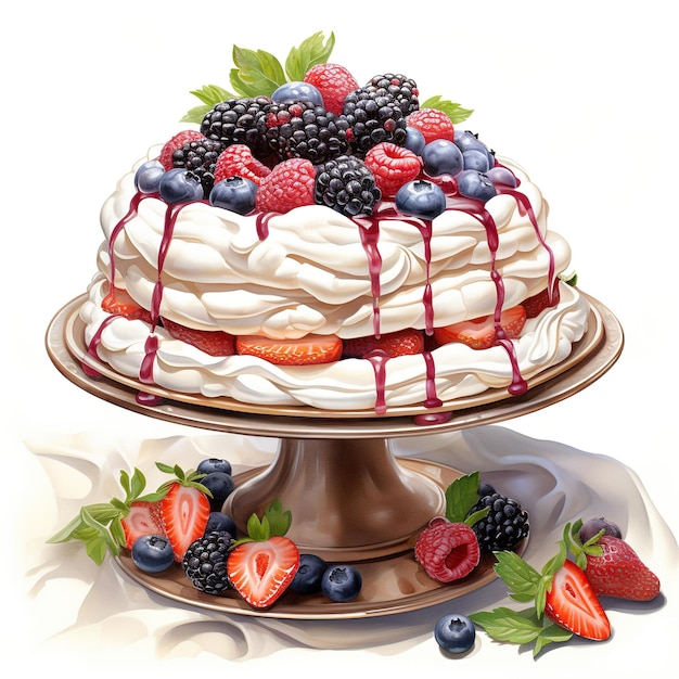 Watercolor pavlova cake illustration on white background