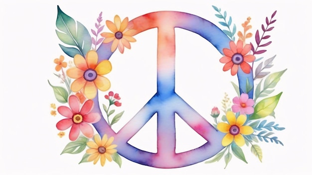 Photo watercolor peace sign surrounded by colorful flowers and leaves