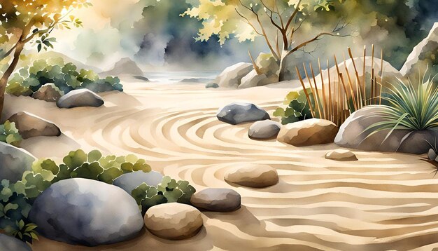 Watercolor peaceful zen garden with rocks and raked sand