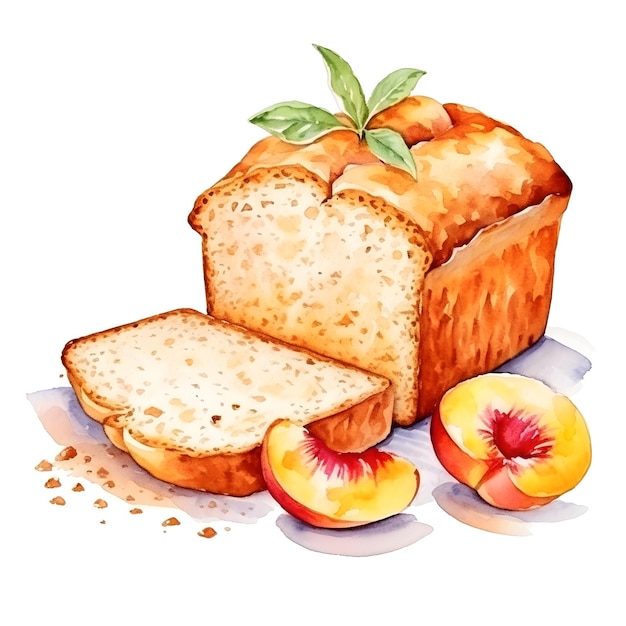 Watercolor of Peach Bread with Sliced Summer Fruit on White Background