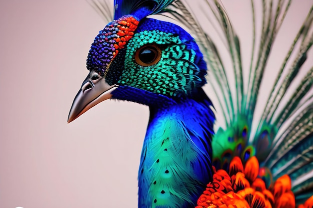 Watercolor peacock with feathers close view