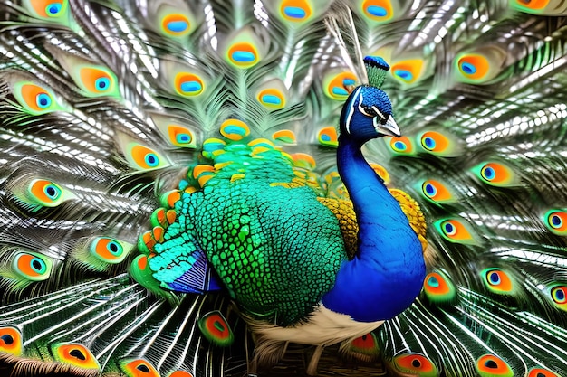 Watercolor peacock with feathers close view