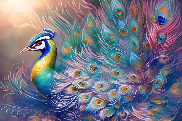 Watercolor peacock with feathers close view