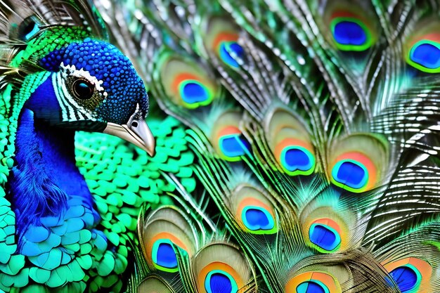 Watercolor peacock with feathers close view