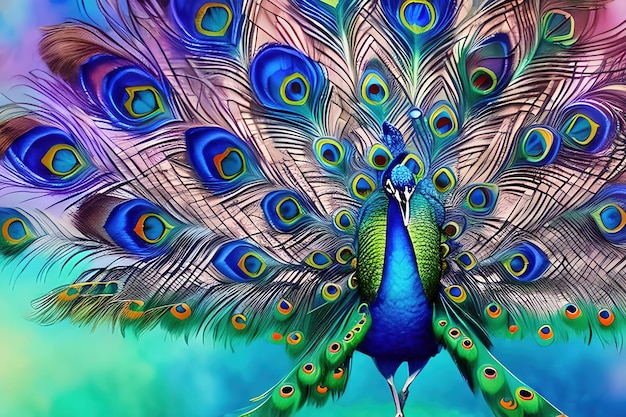 Watercolor peacock with feathers close view