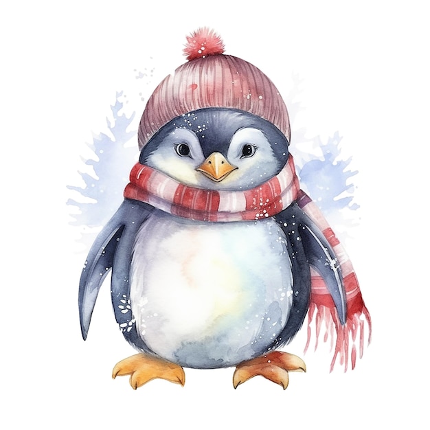 Watercolor penguin in scarf and hat isolated on white Christmas card Generative AI