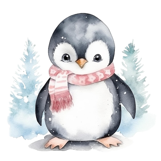 Watercolor penguin in scarf isolated on white background Generative AI