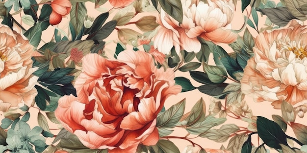 Watercolor Peonies and Flowers Pattern for Textiles and Backgrounds