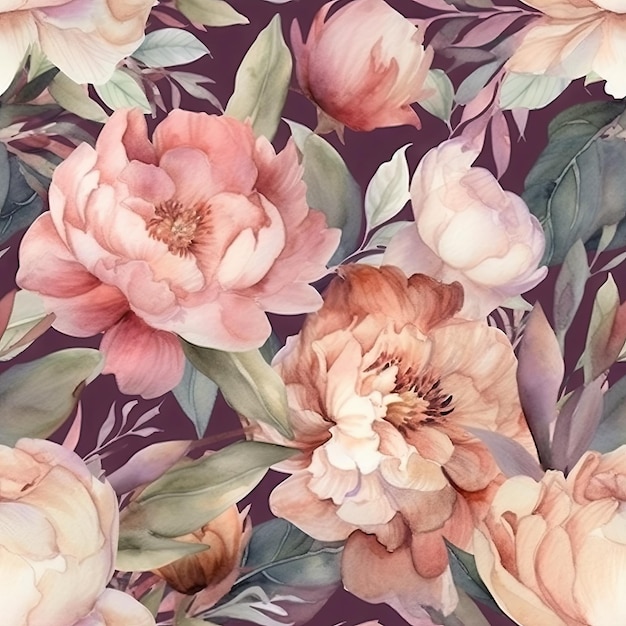 Watercolor Peonies and Flowers Pattern for Textiles and Backgrounds