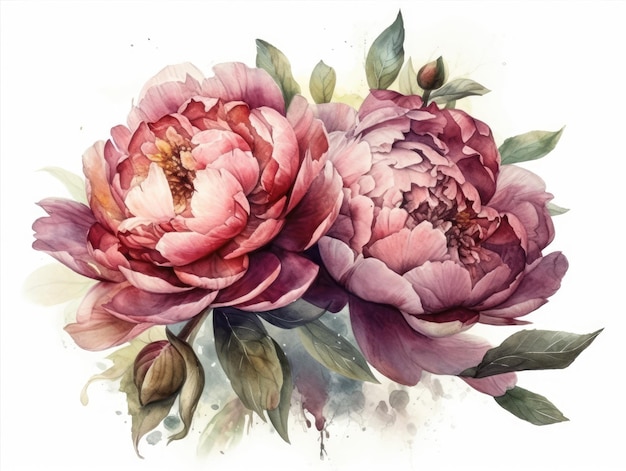 Watercolor peonies illustration on white background generative ai