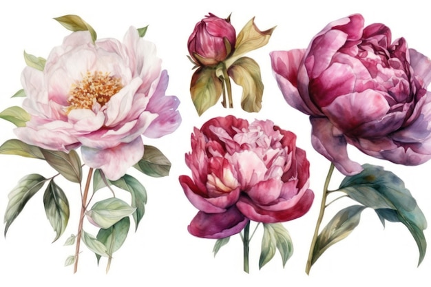 Watercolor Peonies Set on White Background