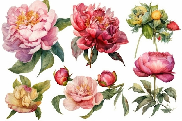 Watercolor Peonies Set on White Background