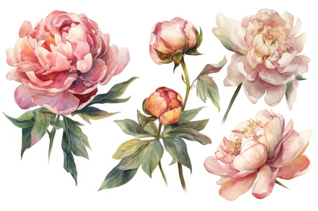 Watercolor Peonies Set on White Background