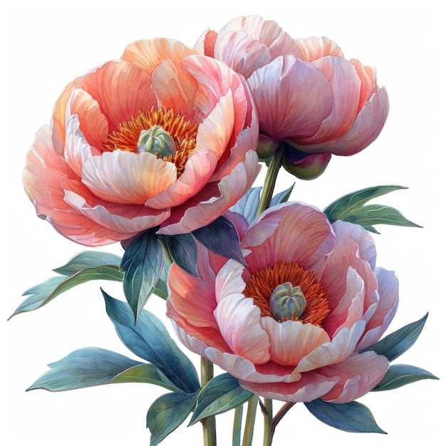 watercolor peony botanical illustration border clipart isolated on white pink peonies