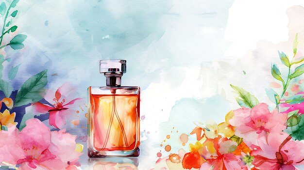 Photo watercolor perfume bottle with flowers