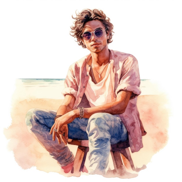 Watercolor of A person wearing sunglasses sitting on a beach