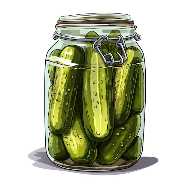 Watercolor pickled cucumbers in a glass jar white background