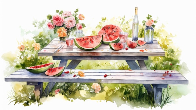 Watercolor Picnic Table With Melon And Roses Lively Nature Scenes