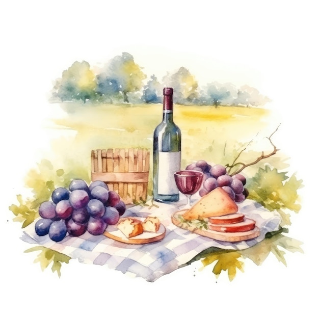 Watercolor of A picnic at a vineyard